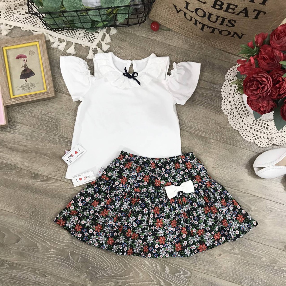 Chân váy hoa  thô kèm quần cotton bên trong size từ 3-10